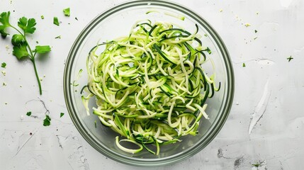 Bowl containing shredded zucchini for making fritters on a bright surface