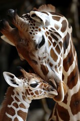 Giraffe licks its mother's face.