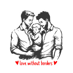 married couple of LGBT men with a child. adoption and surrogacy concept. vector illustration on white background