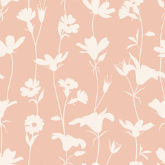 Floral Seamless vector pattern with trailing elegant white flower vines silhouettes on warm pink