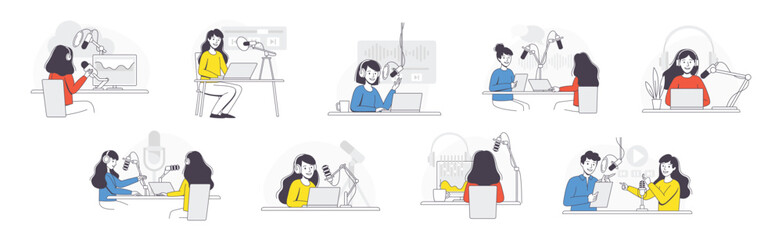 Podcast Recording with Young Man and Woman with Microphone Broadcasting and Live Streaming Outline Vector Set