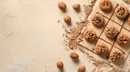 Top view of tic tac toe game with walnuts and cookies on beige background with room for text