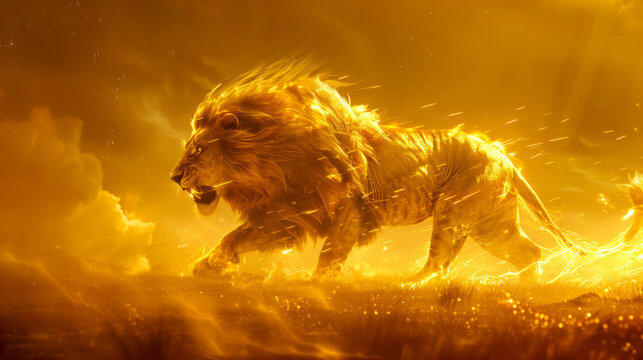 A shimmering Nemean lion with impenetrable golden fur, prowling through a sun