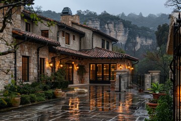 Obraz premium A large house with a stone roof and a stone walkway