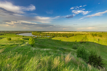 A vibrant green meadow sprawls before you, a gentle river meandering through its heart under the...