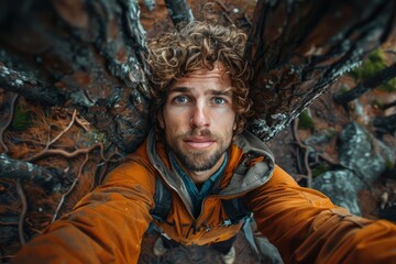 A hiker with curly hair and blue eyes takes a selfie from above, surrounded by trees, in an adventurous and travel-themed image