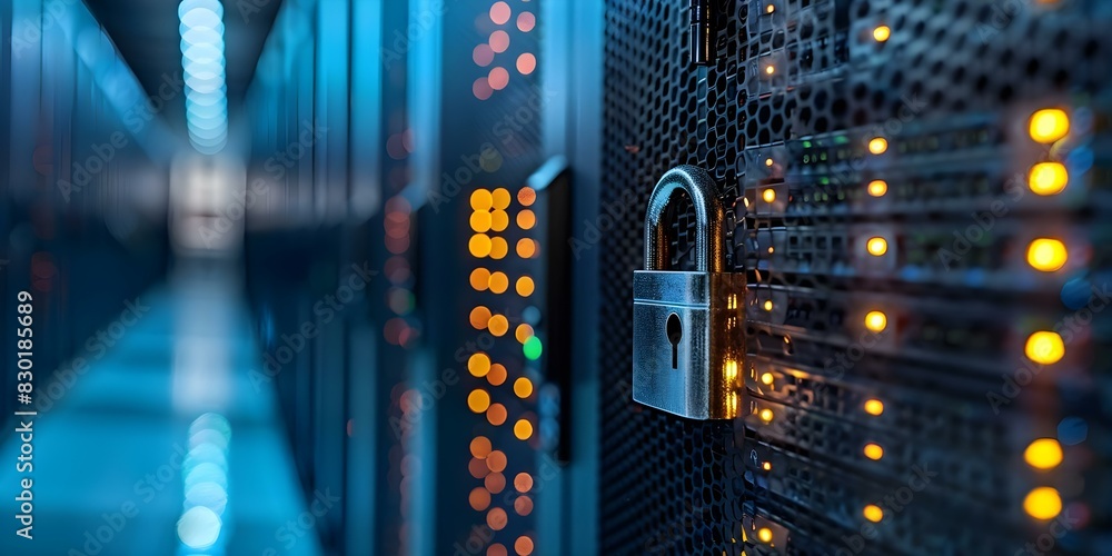 Poster guarded by a shiny lock: a secure server network on a blue backdrop. concept server security, networ