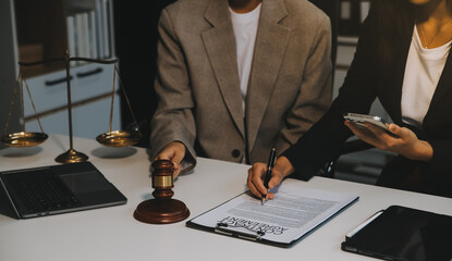 Lawyer, legal advisor, businessman brainstorming information on agreement details Business...