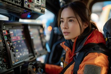 Full body photo of Asian female pilot showcasing safety features within the flying taxi.