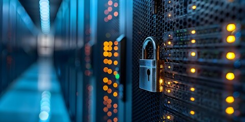 Guarded by a shiny lock: A secure server network on a blue backdrop. Concept Server Security, Network Protection, Data Encryption, Blue Technology Background, Shiny Lock Icon