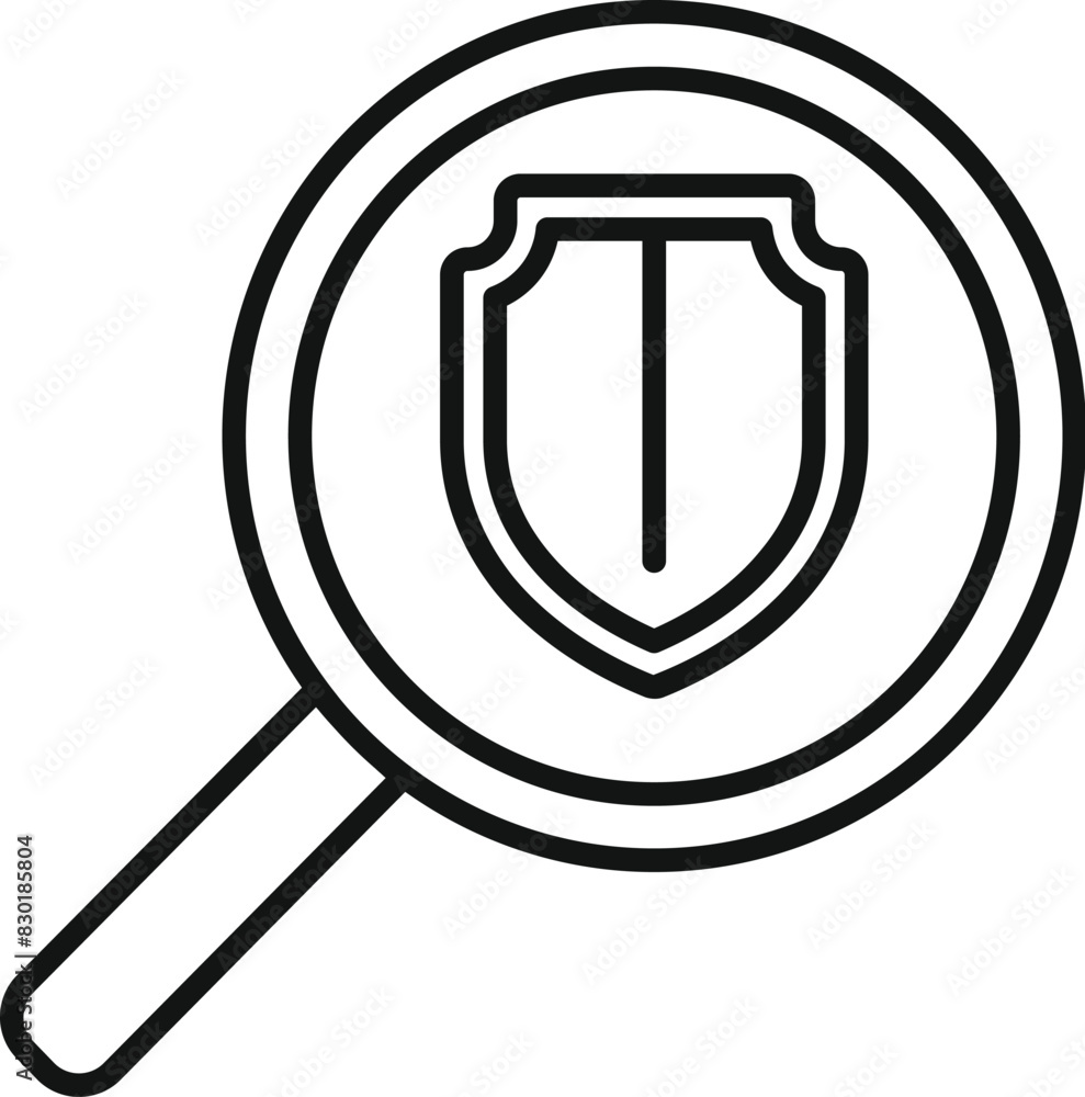 Poster outline icon of a magnifying glass zooming in on a security shield symbol