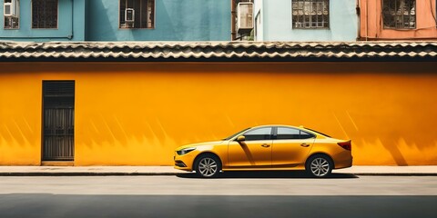 Urban cityscape with yellow car driving down street beside tall buildings. Concept Cityscape Photography, Urban Environment, Vibrant Colors, Transportation, Street Scenes