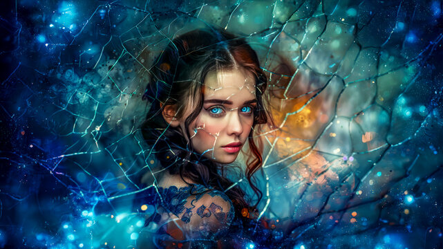 Portrait of beautiful young woman looks through broken mirror. Out of focus blurred.