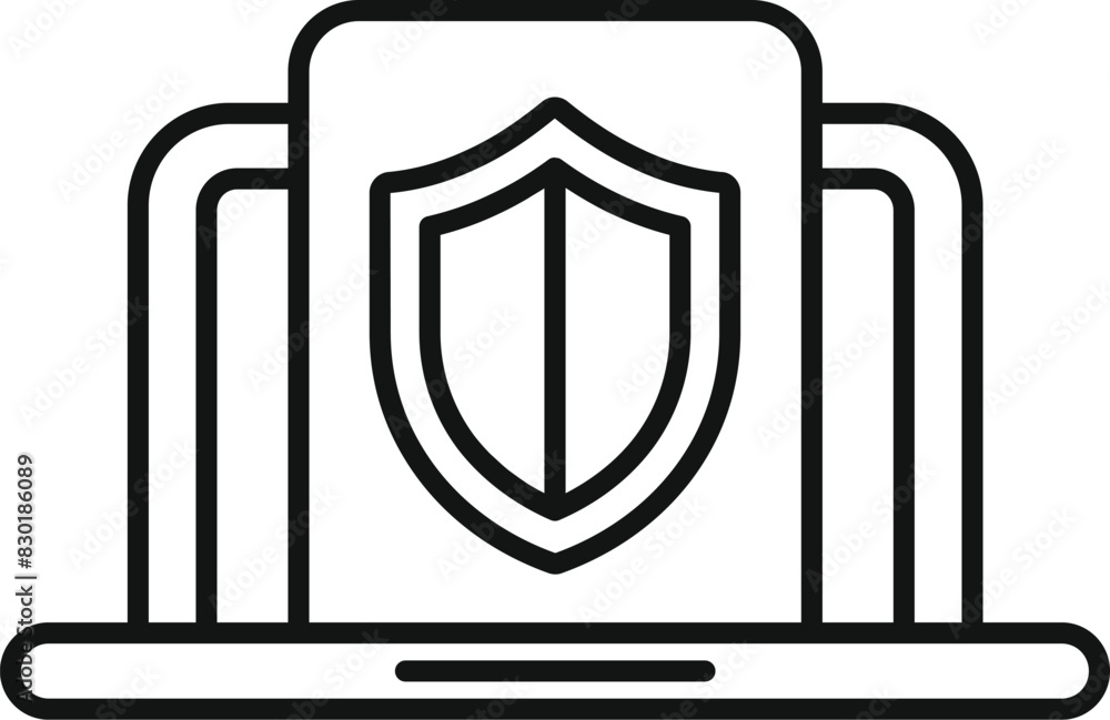 Poster a simplistic black and white line drawing representing a shield and data center as a cybersecurity i