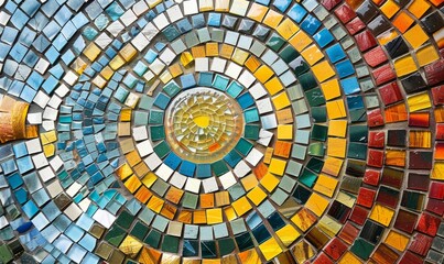 Fototapeta premium Vivid Mosaic Art with Colorful Glass Tiles Arranged in Swirling Pattern - Abstract Artistic Background
