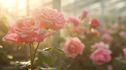 Beautiful pink roses blooming in a greenhouse with sunlight and a blurred background of a flower garden or rose farm, in a closeup, real photo