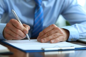 Waist up photo of male Caucasian insurance agent signing life insurance contract with a pen in hand at office desk