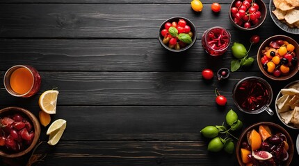 spanish tapas and sangria On a black wooden background. Top view. Free space for your text.