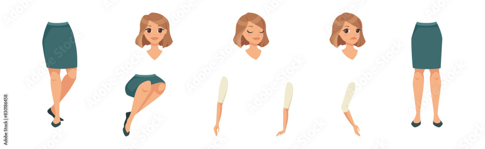 Poster woman arm, legs and head as character constructor with separated body part vector set