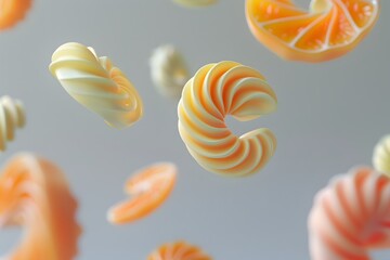 A 3D pattern of colorful swirly figures made from candy and oranges, floating in the air on a gray background, minimalism with simple shapes and no perspective, in a cute and playful style reminiscent