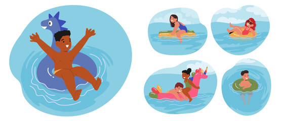 Children Enjoy A Sunny Day In A Swimming Pool, Floating On Bright Inflatable Rings. Kids Exhibit Joy And Playfulness
