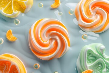 A 3D pattern of colorful swirly figures made from candy and oranges, floating in the air on a gray background, minimalism with simple shapes and no perspective, in a cute and playful style reminiscent