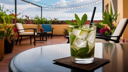 Fototapeta premium A glass of fresh mojito on a terrace table