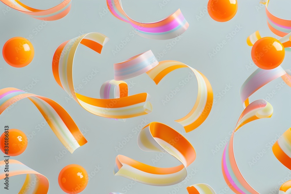 Poster a seamless pattern of colorful candy swirls and orange balls flying around on a grey background, 3d 