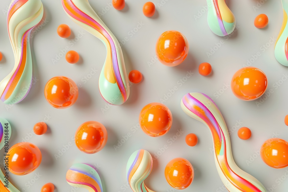 Poster a seamless pattern of colorful candy swirls and orange balls flying around on a grey background, 3d 