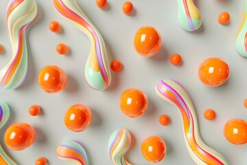 A seamless pattern of colorful candy swirls and orange balls flying around on a grey background, 3D render, minimalistic in the style of minimalistic
