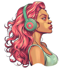 latina girl with pink hair wearing headphones . Clipart PNG image . Transparent background . Cartoon vector style