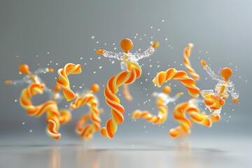 Cute little people made of candy and orange swirls dancing on a gray background, a simple 3D rendering in the style of cartoon, minimalist pattern design
