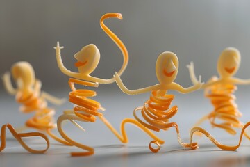Cute little people made of candy and orange swirls dancing on a gray background, a simple 3D rendering in the style of cartoon, minimalist pattern design
