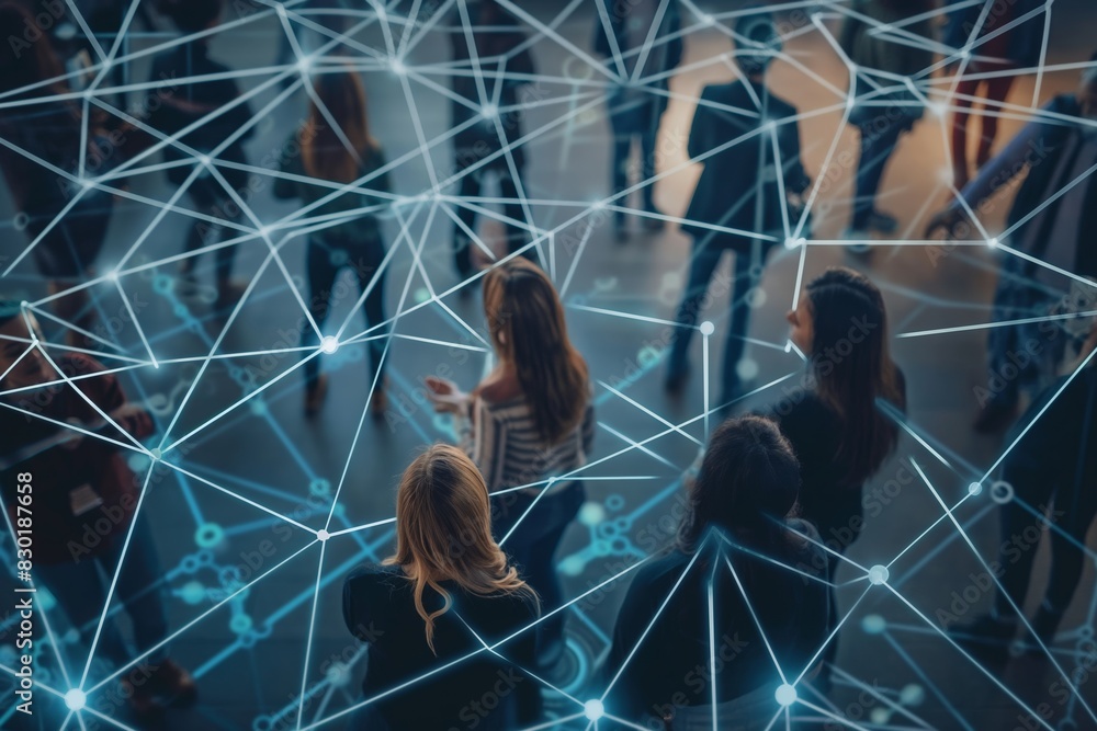 Wall mural abstract representation of a network with a focus on connections over a blurred image of people