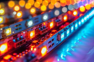 The photograph displays a close-up of colorful LED strip lights, used for decoration or illumination purposes
