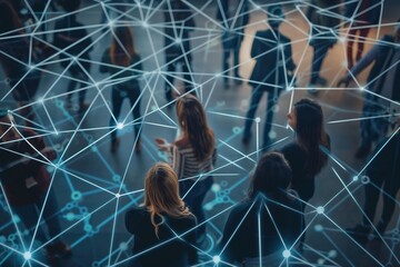 Abstract representation of a network with a focus on connections over a blurred image of people