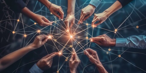 People connecting hands, symbolizing teamwork with a graphical network overlay of points and lines