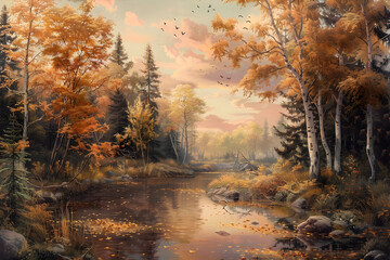 Serene Autumn Landscape with Golden Trees and Meandering Stream Reflecting Fall Colors