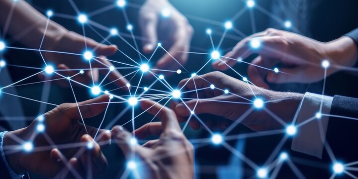 A group of people connects their hands, forming a network with glowing points and lines