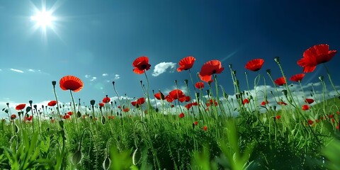 Poppies blooming in a vast meadow under a clear blue sky. Concept Wildflowers, Nature Photography, Flower Fields, Spring Blooms, Vibrant Landscape