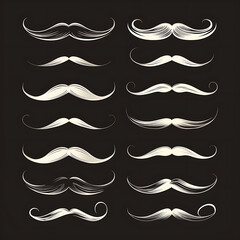 White mustache of different shapes on a black background, neutral natural background, for print and design