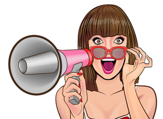Naklejka premium woman announcing loudspeaker something with megaphone pop art comics style