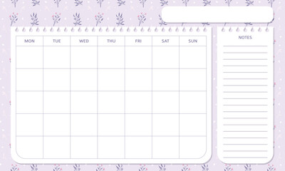 Cute kawaii pastel purple monthly planner schedule with floral background