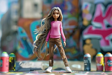 Obraz premium Young punk rocker girl with long hair, pink jumper, brown jeans, white sneakers, graffiti city wall, clay, matte, 3D, hyper detail, C4D.