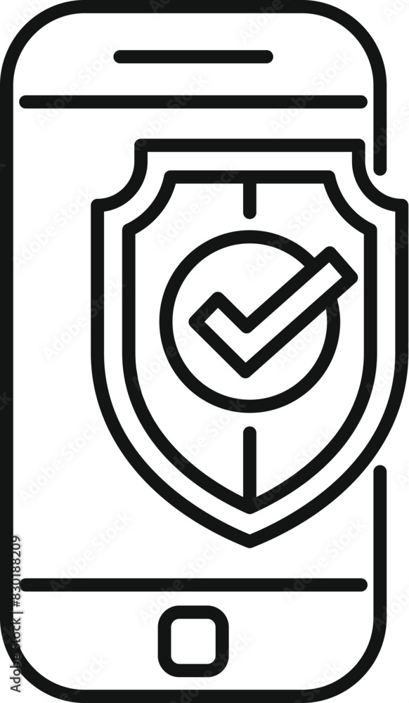 Poster line art vector of a mobile phone with a shield and check mark, symbolizing digital security