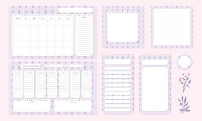 Set of cute and kawaii pastel purple floral planner organizer memo pad and notepad