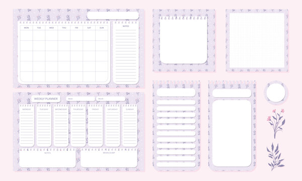 Set of cute and kawaii pastel purple floral planner organizer memo pad and notepad