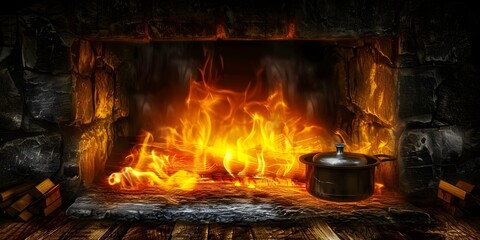 Medieval setting with fireplace cooking pot on the fire and 3D animation. Concept Medieval Setting, Cooking Pot, Fireplace, 3D Animation