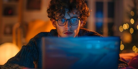 Late Night Work: Young Man with Curly Hair and Glasses at Home. Concept Work from Home, Late Night Productivity, Modern Lifestyle, Curly Hair, Eyeglasses