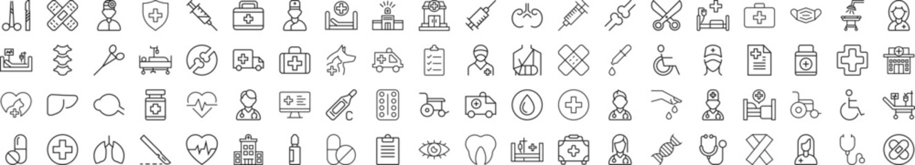 Collection of Line Signs of Healthcare and Veterinary. Suitable for books, stores, shops. Editable stroke in minimalistic outline style. Symbol for design